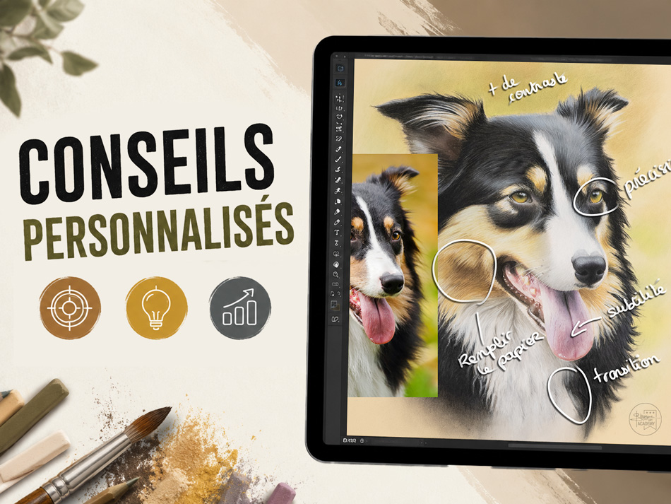 Analyses, cours, et conseils personnalisés sur vos tableaux pastel et peinture. Pour progresser plus vite, corriger ses erreurs et améliorer sa technique.